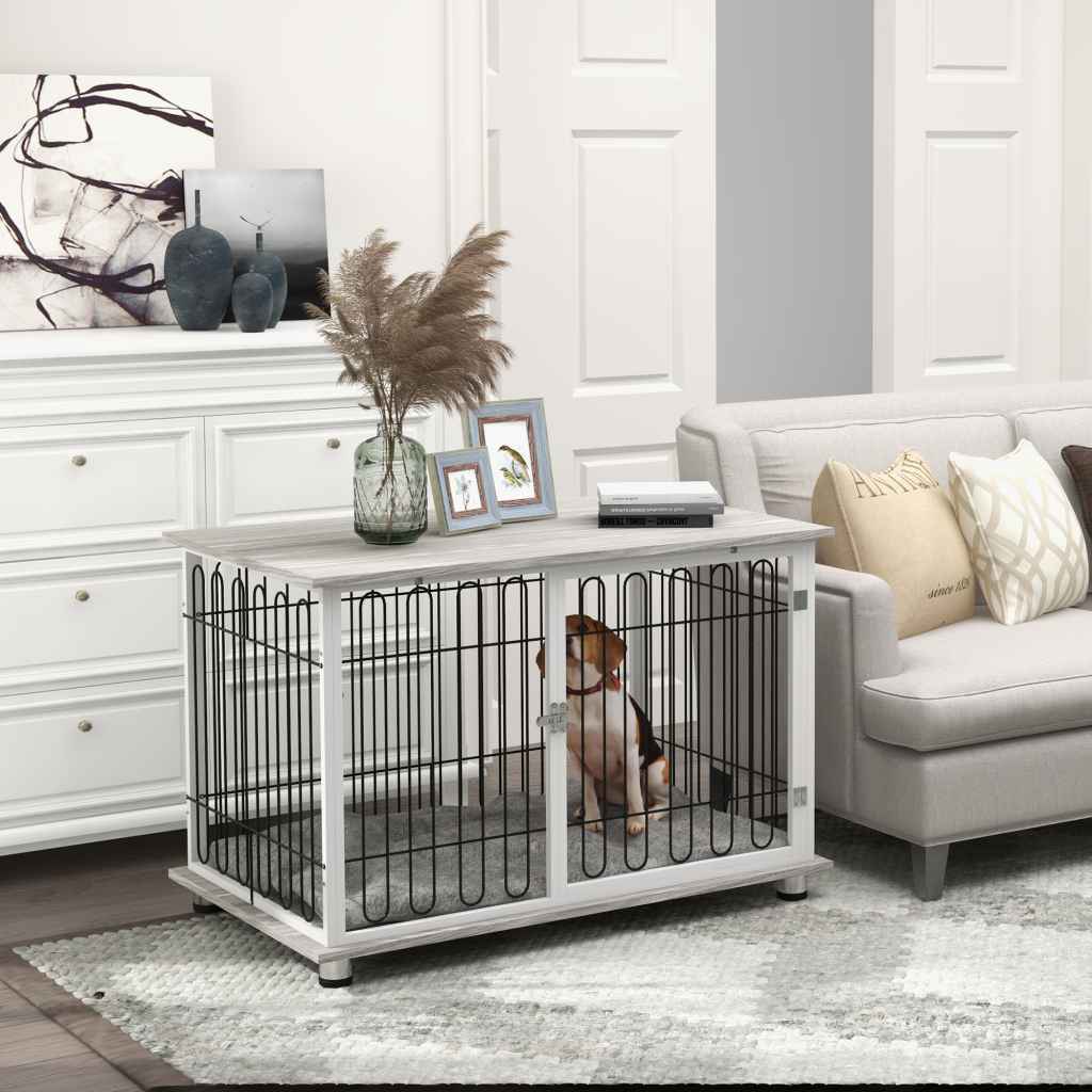 PawHut Dog Crate Furniture, Indoor Dog Kennel Side End Table with Soft ...