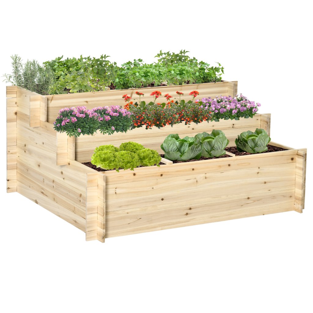 Outsunny 3 Tier Raised Garden Bed 376L Fir Wood Planter Box: Yavolo
