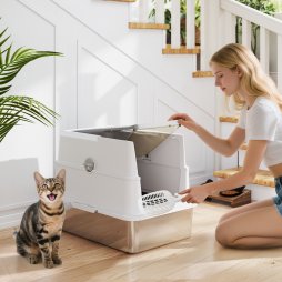 PawHut Stainless Steel Cat Litter Tray, Extra Large Enclosed Litter Box for Large Cats with Scoop, Flip Top, Easy Cleaning, Light Grey