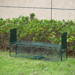 PawHut Two-Door Live Trap for Small Animals, Outdoor and Indoor Animal Trap for Rat, Mice, 100 x 25 x 28cm - Dark Green