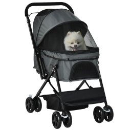PawHut Dog Stroller, Pet Stroller, Foldable Dog Cat Travel Pushchair with Reversible Handle, EVA Wheels, Brake, Basket, Adjustable Canopy, Safety Leash, for Small Dogs, Grey