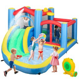 AIYAPLAY Bouncy Castle, Inflatable Bounce House with 550W Blower, Basketball Hoop, Long Slide, Dart Board, Carrying Bag, for Party, Park, Ages 3-8, 385 x 290 x 180 cm