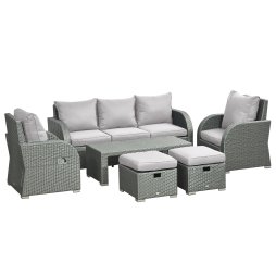 Outsunny Rattan Garden Furniture 7 Seater Sofa & Coffee Table Footstool Set Outdoor Patio Wicker Weave Reclining Chair Space-saving - Light Grey