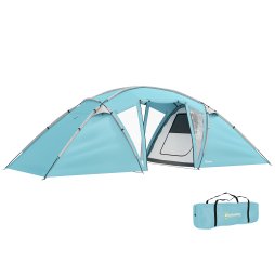 Outsunny 4-6 Man Family Camping Tent w/ 2 Bedrooms and a Living Room, Waterproof Tunnel Tent w/ Sewn In Groundsheet, Doors, Windows, Carry Bag, Blue
