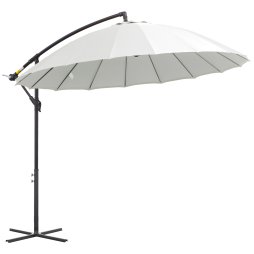 Outsunny 3(m) Cantilever Shanghai Parasol Garden Hanging Banana Sun Umbrella with Crank Handle, 18 Sturdy Ribs and Cross Base, White