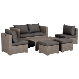 Outsunny 8 Pieces Rattan Garden Furniture Set, Garden Corner Sofa Set with 4 Chairs, 2 Footstools, 2 Coffee Tables and Cushions, Space-Saving Design, No Assembly Required, Grey