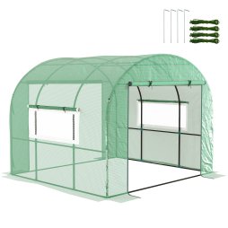 Outsunny 3 x 3 x 2m Polytunnel Greenhouse with Doors and Mesh Windows, Walk-in Grow House Tent with UV-resistant PE Cover and Steel Frame, Green
