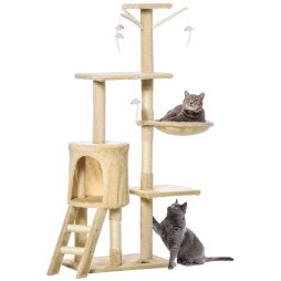 PawHut Cat Tree for Indoor Cats 135cm Kitten Tower Scratching Post Kitty Scratcher Climbing Tower with Ladder, Beige