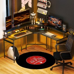 HOMCOM L Shaped Desk with Power Outlets and LED Lights, Corner Computer Desk with Monitor Stand, Gaming Desk for Home Office, Black