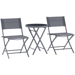 Outsunny 3 Pieces Outdoor Bistro Set, Glass Top Outdoor Table and 2 Folding Chairs, Garden Furniture Set with Protecting Feet, Steel Frame, Easy Clean, Grey