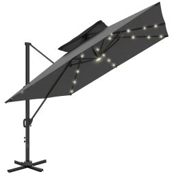 Outsunny 3.5x3 m Garden Cantilever Parasol with Solar LED Lights and Centre Light, UPF50+ Aluminium Patio Umbrella with 360 Rotation and Tilt, Hanging Sun Shade with Cross Base, Crank Handle, Black