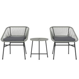 Outsunny 3 Pieces Rattan Bistro Set, Wicker Small Garden Table and Chairs Set with Cushions and Glass Top Coffee Table, Bistro Garden Furniture Set for Outdoor, Patio, Balcony, Light Grey