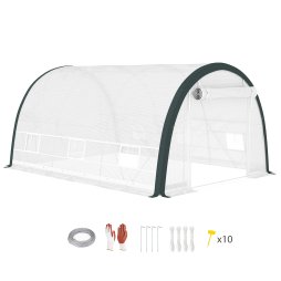 Outsunny 4 x 3(m) Walk-in Polytunnel Greenhouse with Upgraded Structure, Zipped Roll Up Mesh Door, 6 Mesh Windows, Tunnel Warm House Tent with PE Cover, 10 Plant Labels and Gloves, White