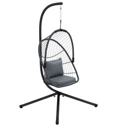 Outsunny Outdoor PE Rattan Swing Chair with Cushion, Foldable Basket Patio Hanging Chair with Metal Stand, 360 degree Rotation Spring Hook, Basket Height Adjust with Metal Chain, Grey