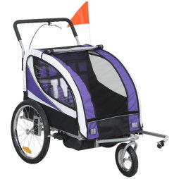 HOMCOM Child Bike Trailer, Baby Bicycle Trailer for 2 Kids with 5 Point Harness, Steel Frame, Reflectors, Safety Flag, Hitch Coupler, Purple