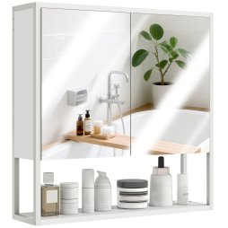 HOMCOM Bathroom Mirror Cabinet Wall Mounted with Soft-Close Doors and Adjustable Shelf, Industrial Bathroom Wall Cabinet with Open Storage, 60 x 16 x 60 cm