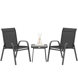 Outsunny Garden Bistro Set, 3 Piece Garden Furniture Set with Stackable Armchairs and SPC Board Coffee Table, Bistro Table and Chairs with Texteline Seats for Balcony, Porch, Black