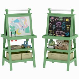 AIYAPLAY Art Easel for Kids with Paper Roll, 3 in 1 Kids Easel Double-Sided Magnetic Whiteboard and Chalkboard with Storage Baskets, for Children 3-6 Years - Green
