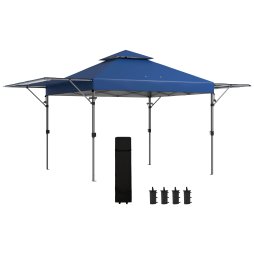 Outsunny 3 x 3(m) Pop Up Gazebo with Extend Dual Awnings, 1 Person Easy up Marquee Party Tent with 1-Button Push, Double Roof, Wheeled Bag, Sandbags, Height Adjustable Instant Shelter, Blue