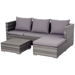 Outsunny 3 Pieces Rattan Garden Furniture Sofa Set, 4 Seater Garden Corner Sofa with 5-Level Reclining Sun Lounger and Storage Coffee Table, Outdoor Furniture Conservatory Set with Cushions, Grey