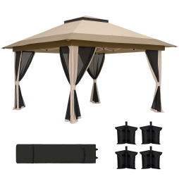 Outsunny 3.6 x 3.6m Pop Up Gazebo with Mesh Sides, UPF50+ Height Adjustable Party Tent Instant Event Shelter with Wheeled Carry Bag and Sand Bags for Garden, Patio, Beige