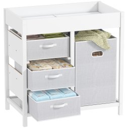 AIYAPLAY Baby Changing Table with 4 Drawers, Nursery Diaper Baby Changing Unit for 0-12 Months (max. 11kg), with Mat, Infant Care Station for Bedroom Nursery, White