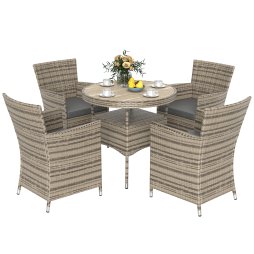 Outsunny 4 Seater Garden Dining Set with Cushions, Double Layer Table with Wood-like Slat Top, PE Rattan Garden Furniture Set, Outdoor Dining Table and Chairs for Patio, Balcony, Grey
