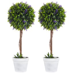 HOMCOM Set of 2 Decorative Artificial Plants Ball Trees with Lavender Flowers in Pot Fake Plants for Home Indoor Outdoor Decor, 60cm, Green