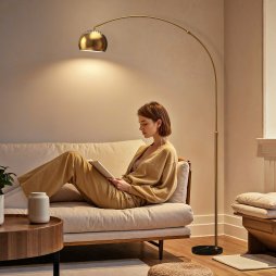 HOMCOM 180cm Arc Floor Lamp for Living Room, Modern Adjustable Standing Lamp with Foot Switch, Faux Black Marble Base and Bell Shade for Home Offices, Bedrooms, Gold Tone