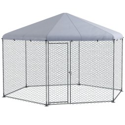 PawHut Walk in Chicken Run Chicken Coop Galvanised Outdoor Poultry Cage w/ Cover, for 10-15 Chickens, Hens, Rabbits, Ducks, 4 x 3.5 x 2.6m - Silver Tone