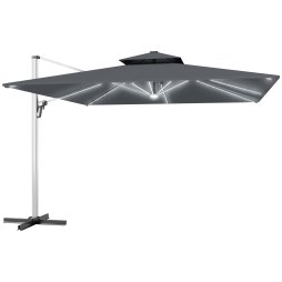 Outsunny 3(m) Garden Cantilever Parasol with Solar LED Lights, Overhanging Patio Umbrella with Cross Base, 360 Rotation, Crank Handle and Tilt, 8-Rib Outdoor Hanging Sun Shade, Grey