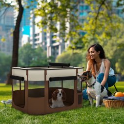 PawHut Dog Pen, Pet Playpen, Portable Foldable Dog Cat Playpen Soft Pet Cage with Storage Bag for Puppies, Rabbits, Kittens, Guinea Pigs, 84 x 64 x 53cm - Brown