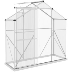 Outsunny 6 x 2.5ft Polycarbonate Greenhouse, Walk-In Green House with Sliding Door, 5-Level Roof Vent, Rain Gutter, Garden Plants Grow House with Aluminium Frame and Foundation, Silver