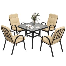 Outsunny 5 Pieces Garden Dining Set, Outdoor Square Dining Table and 4 Cushioned Armchairs, Tempered Glass Top Table w/ Umbrella Hole, Texteline Seats, Beige