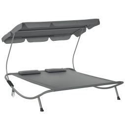 Outsunny Double Sun Lounger with Adjustable Detachable Canopy, Portable Garden Daybed for 2 with Wheels, Outdoor Sunbed Hammock with 2 Pillows, 220 KG Max. Load, Grey