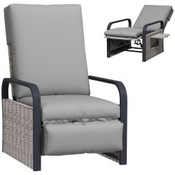Outsunny Rattan Garden Recliner Chair, Reclining Rattan Chair with Adjustable Backrest and Footrest, Outdoor Lounge Sun Lounger with Cushion, Side Tray and Aluminium Armrests, Light Grey/Dark Grey