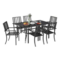 Outsunny 7 Pieces Garden Dining Set with Stackable Chairs, 6 Seater Metal Garden Furniture Set, Outdoor Metal Top Patio Table with Umbrella Hole, Black