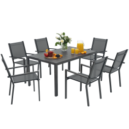 Outsunny 7 Piece Garden Dining Set, Outdoor Furniture Set with 6 Stackable Chairs and 150 cm Rectangle Table, WPC Slatted Top, Rust-Resistant Steel Frame, for Garden, Porch, Terrace