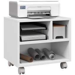 HOMCOM 2-Tier Printer Stand with Storage, Under Desk Printer Cart on Wheels with 3 Compartments, Desktop Printer Table for Home Office, White