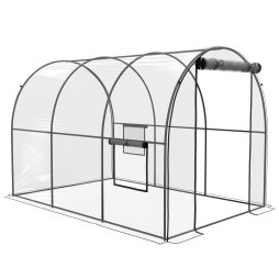 Outsunny 3 x 2 x 2m Polytunnel Greenhouse with Roll-up Door and Mesh Window, Walk-in Grow House Tent with Plastic Cover and Steel Frame, Clear