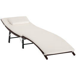 Outsunny Folding Rattan Sun Lounger, Wicker Garden Lounger with Cushion and Pillow, Outdoor Sunbed with Steel Frame for Patio, Beach, Terrace, Cream White