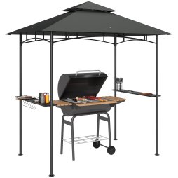 Outsunny 2.4 x 1.5 m (8' x 5') Grill Gazebo Canopy with LED Lights, Double Tiered Outdoor BBQ Gazebo Shelter with 2 Side Shelves, Storage Basket and Hooks for Garden, Barbecue, Picnic, Dark Grey