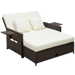 Outsunny Rattan Garden Daybed, Assembled Double Sun Lounger with 5-Level Adjustable Back, Storage Ottoman, Cushions, Pillows and Retractable Trays, Outdoor Loveseat Sofa Bed for Patio, Brown