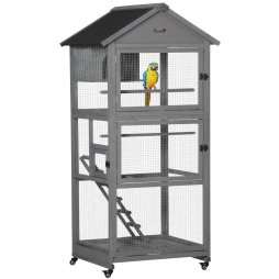 PawHut Bird Cage budgie cage Wooden Outdoor Aviary with Wheels  for Canary Finch with Asphalt Roof Perch Nest Ladder Slide-out Tray, Grey