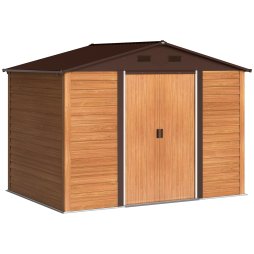 Outsunny 9 x 6ft Metal Garden Shed, House Hut Gardening Tool Storage with Ventilations, Sliding Door, Sloped Roof for Garden, Patio, Brown Wood Effect