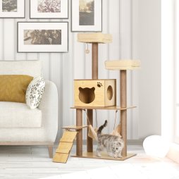 PawHut Wooden Cat Tree for Indoor Cats Climbing Tower for Large Cats with 5 Scratching Posts Hammock Toy Ball 130cm