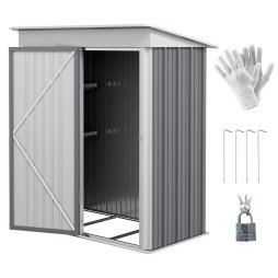 Outsunny 5x3ft Garden Shed, Steel Small Shed, Outdoor Lean-to Shed with Adjustable Shelf, Lock and Gloves for Patio, Garden, Grey with Foundation Kit
