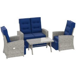 Outsunny 4 Piece Rattan Garden Furniture Set with Adjustable Backrest, Wicker Outdoor Furniture Sofa Set with Loveseat, Reclining Armchairs, Thickened Cushions and Glass Top Table, Navy Blue
