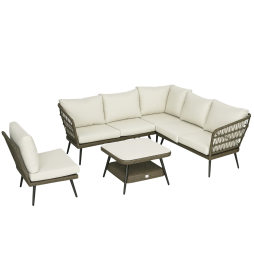 Outsunny 5 Pieces Outdoor Rattan Corner Sofa, Round and Twin Half-round Wicker Woven Rattan Garden Furniture w/ Thick Padded Cushions and Tempered Glass Top Two-tier Table, Grey