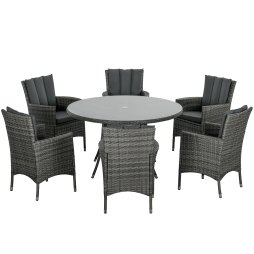 Outsunny 7-Piece PE Rattan Garden Furniture Set, Wicker Outdoor Dining Set with Cushions, Umbrella Hole & Round Glass Top Table, 6 Seater Garden Table and Chairs for Patio, Balcony, Mixed Grey
